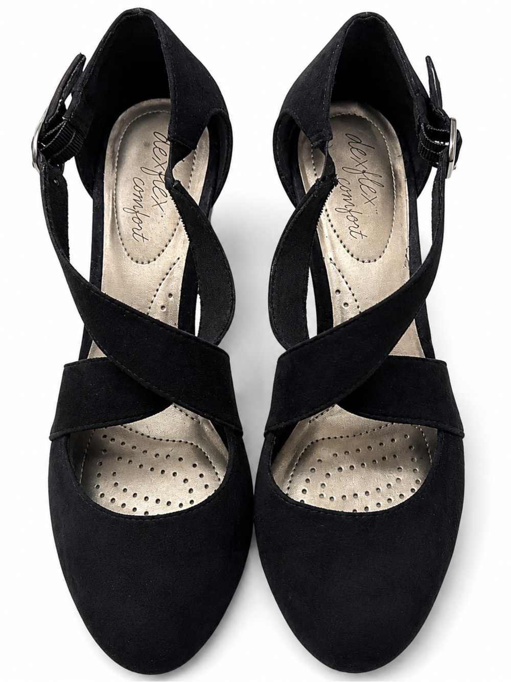 dexflex comfort Black Crisscross Suede Heels with Ankle Buckle